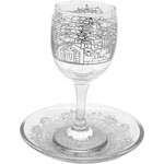 Glass Stemmed Kiddush Cup with Tray, Jerusalem Design in Silver