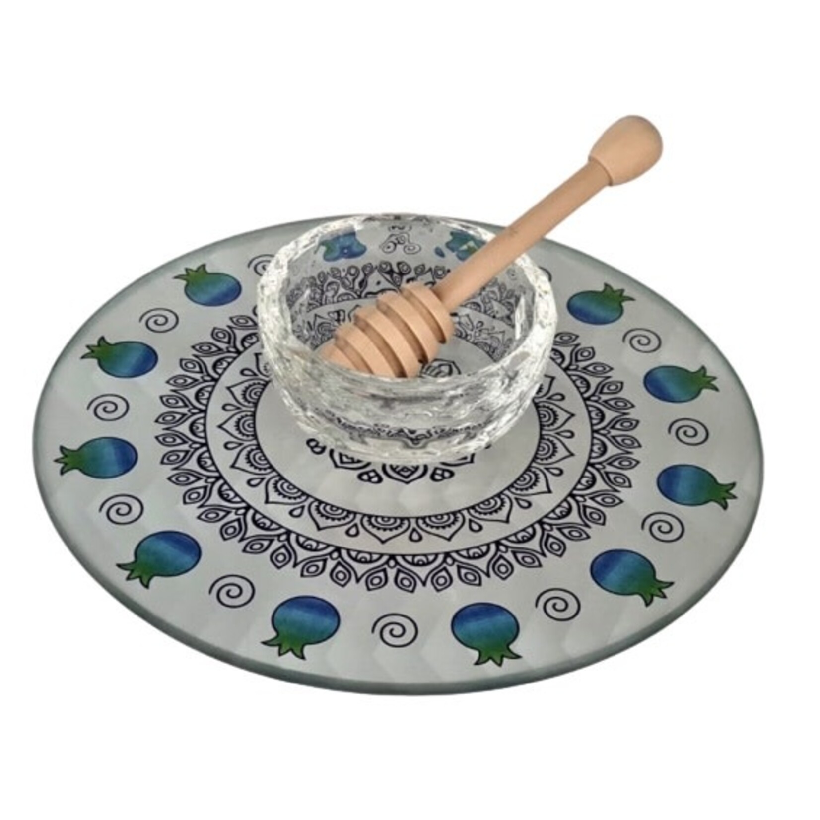 Glass Pomegranate Shaped Honey Dish + Wooden Spoon