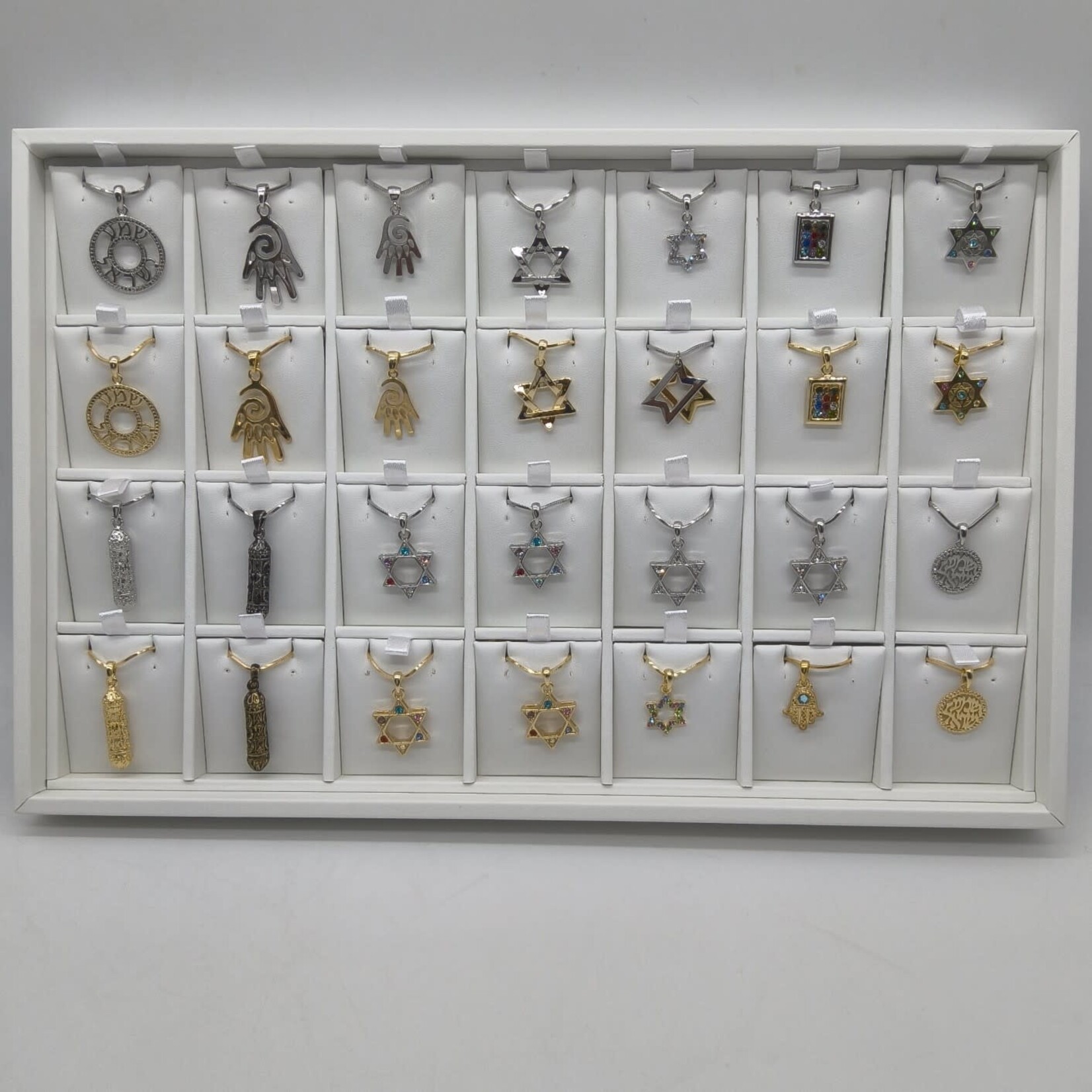 Set of Hamsa Star of David Mezuzah Necklaces, Silver and