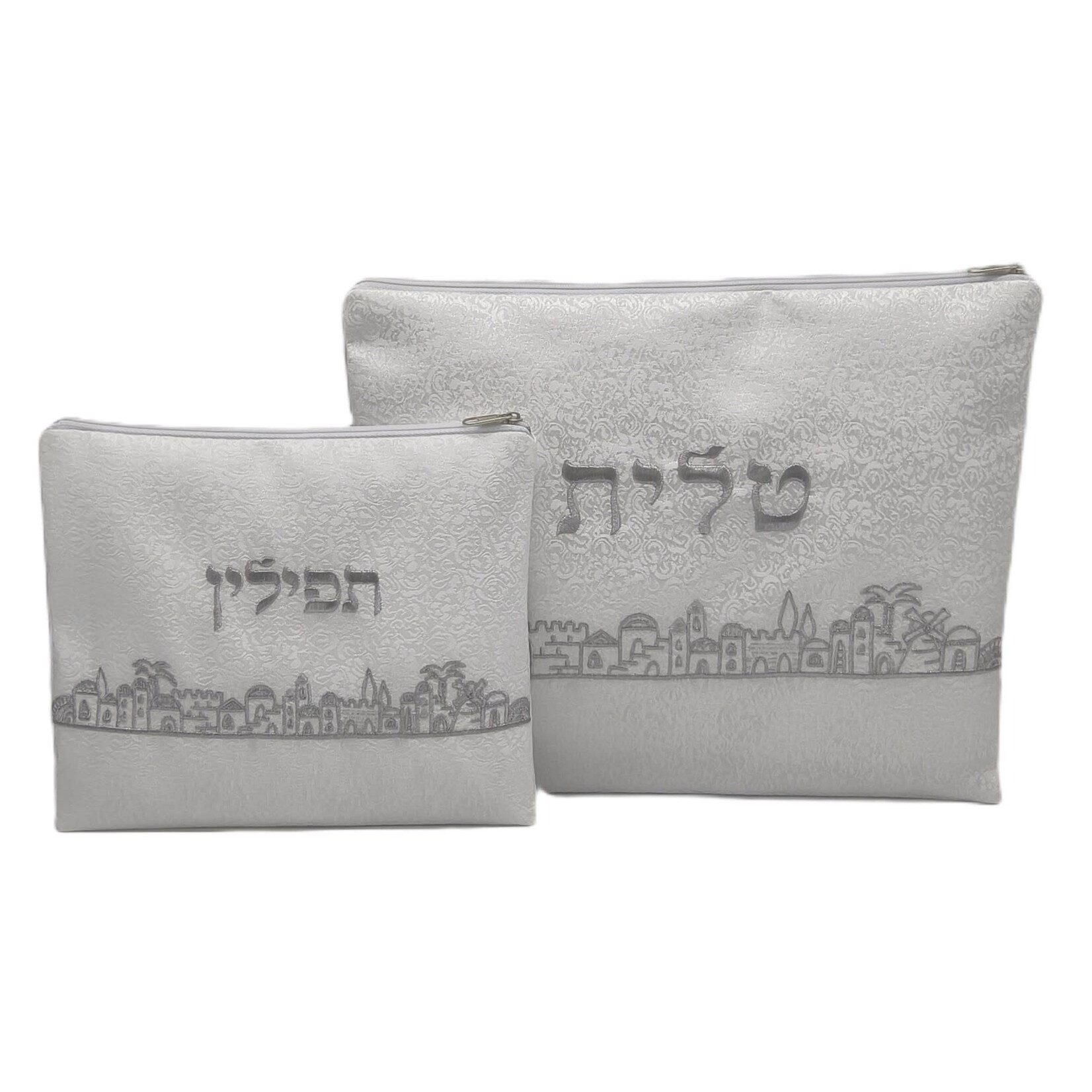 Tallit Bag Set , White Design with Silver Embroidery