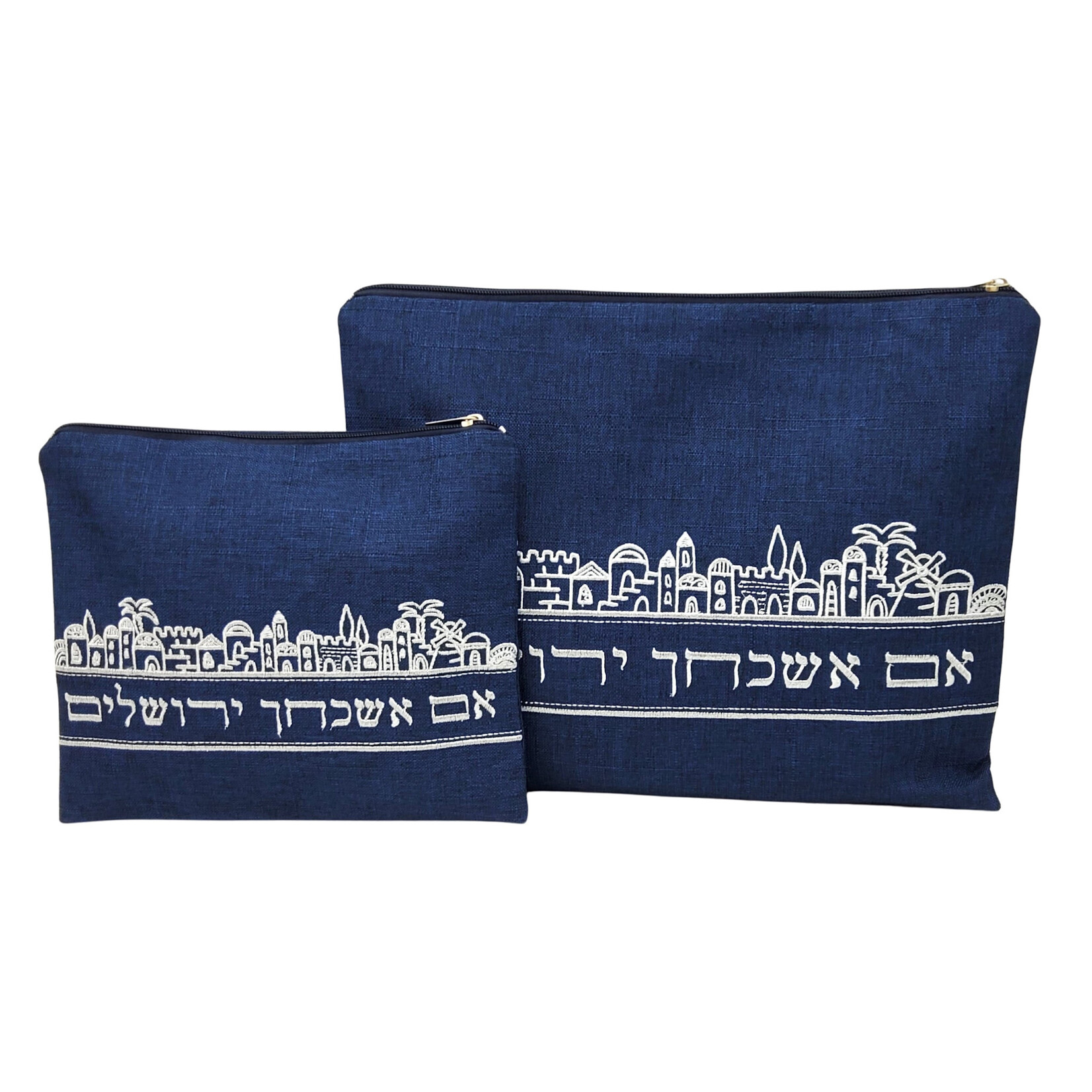 Tallit and Tefillin Bag Set, Gray Linen With Jerusalem Silver Embroidery