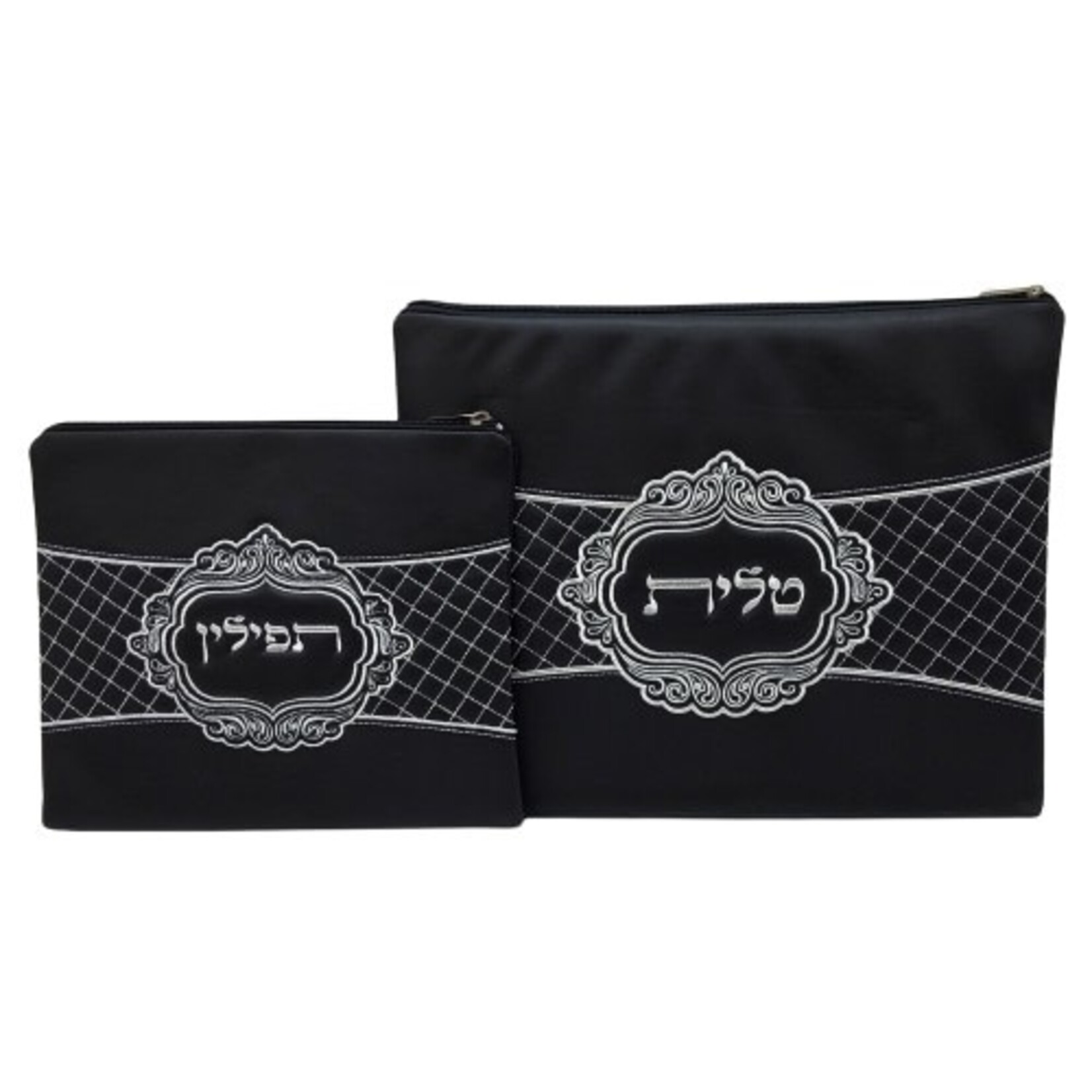 Vinyl Tallit & Tefilin Bag Set, Black with Silver Embroidery