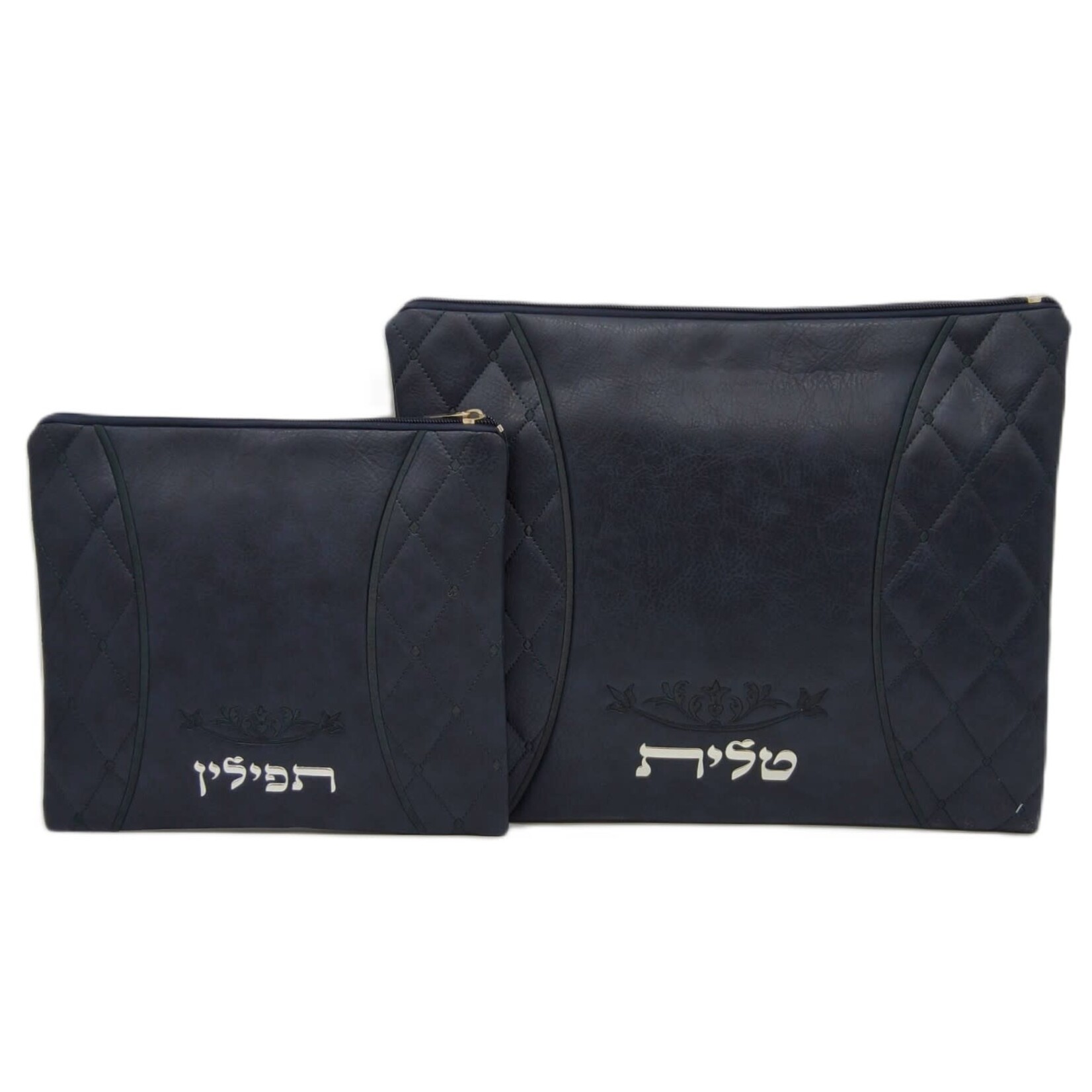 Tallit and Tefillin Bag Set, Dark Blue Vinyl With Silver Letters