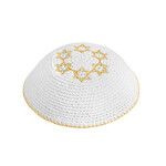 Knitted Kippah 16 cm- White with Golden Magen David Embroidery