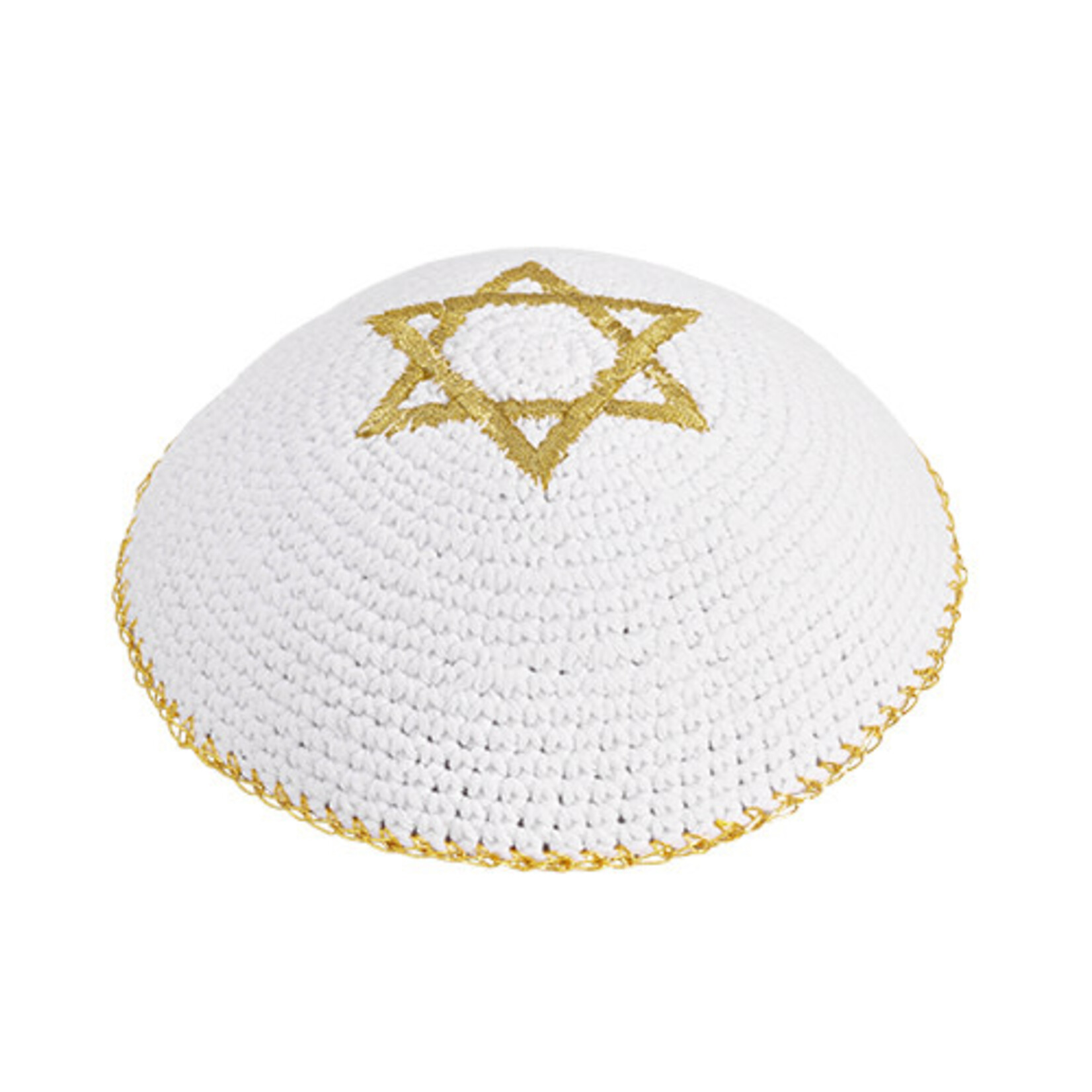 Knitted Kippah 16 cm- White with Golden Magen David Embroidery