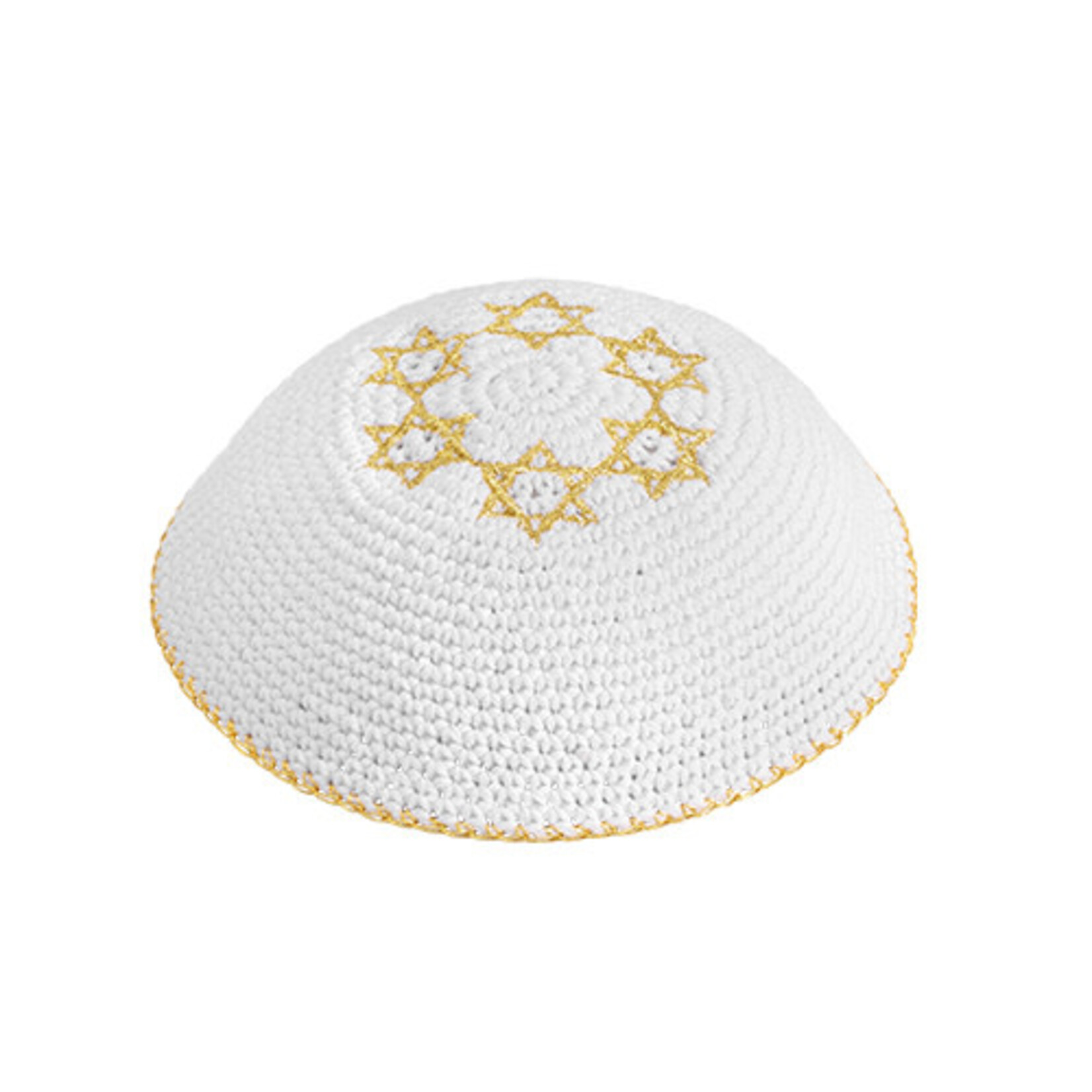 Knitted Kippah 16 cm- White with Golden Magen David Embroidery