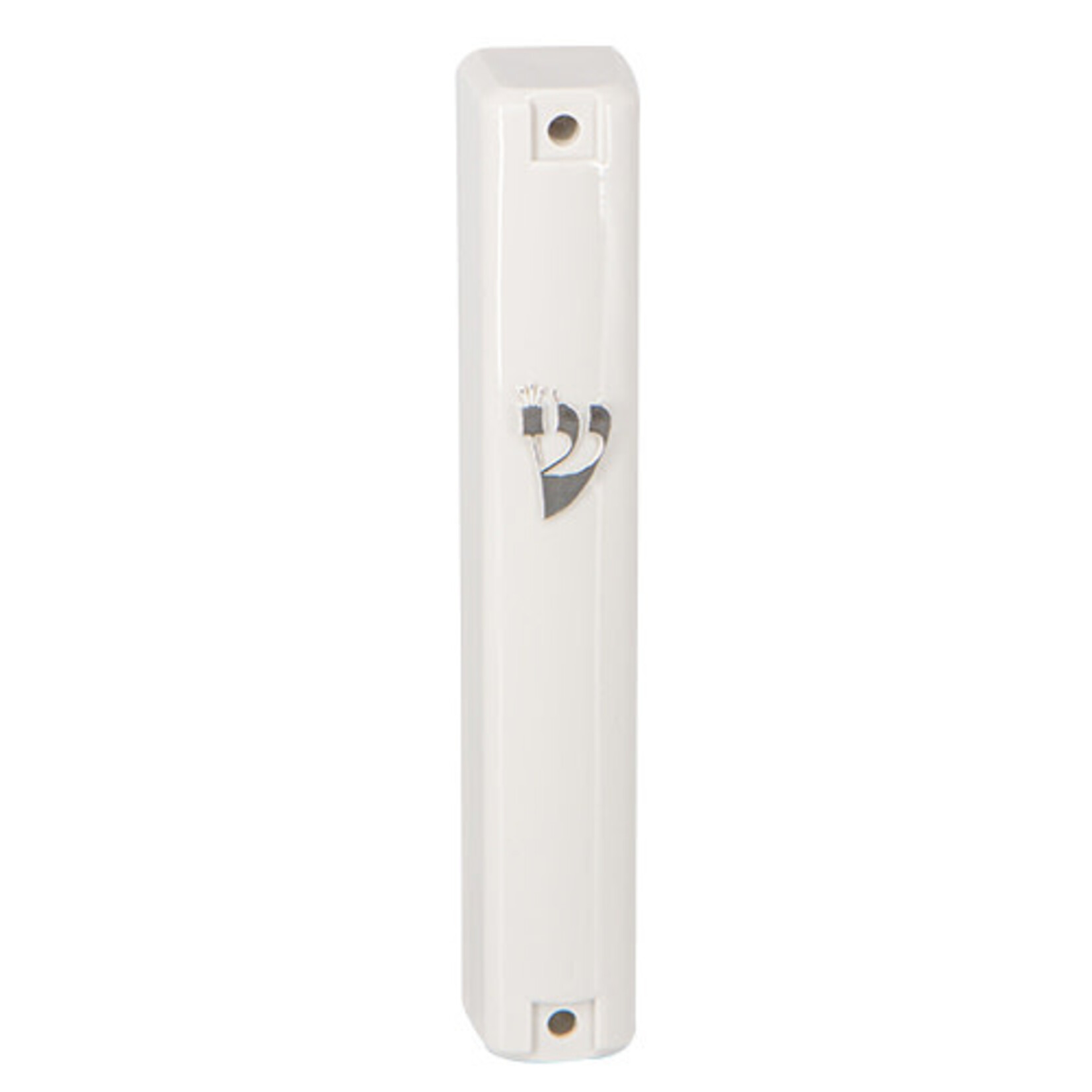 White Plastic Mezuzah With Rubber Cork 12 Cm- With Silver Shin