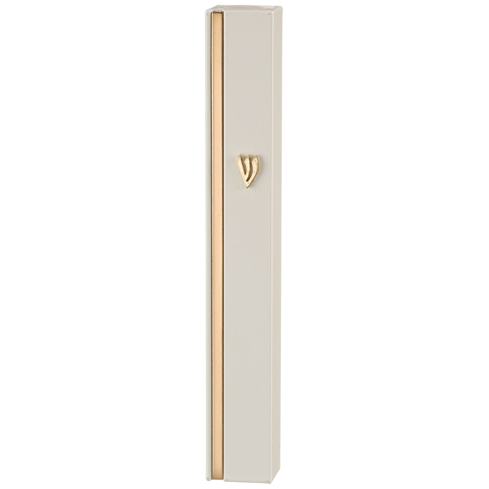 Aluminum Mezuzah 12 cm- White with Metal SHIN & Golden Stripe