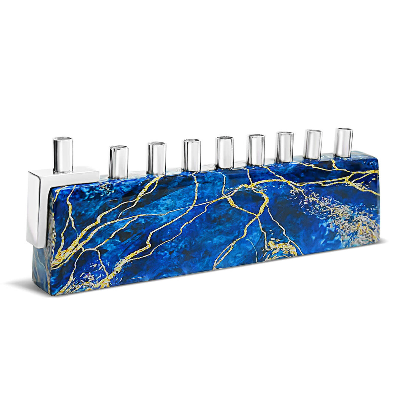 Aluminum Menorah with Marble Decal - Blue/Gold