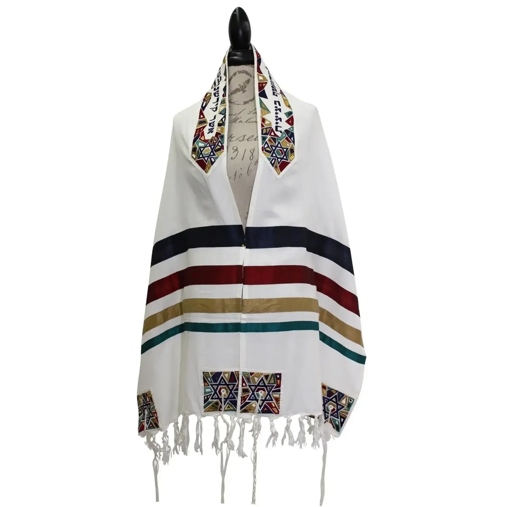Emanuel  Tallit - Cotton With Silk Embroidery With Bag and Kippah. Multicolor Shield (Magen) David.