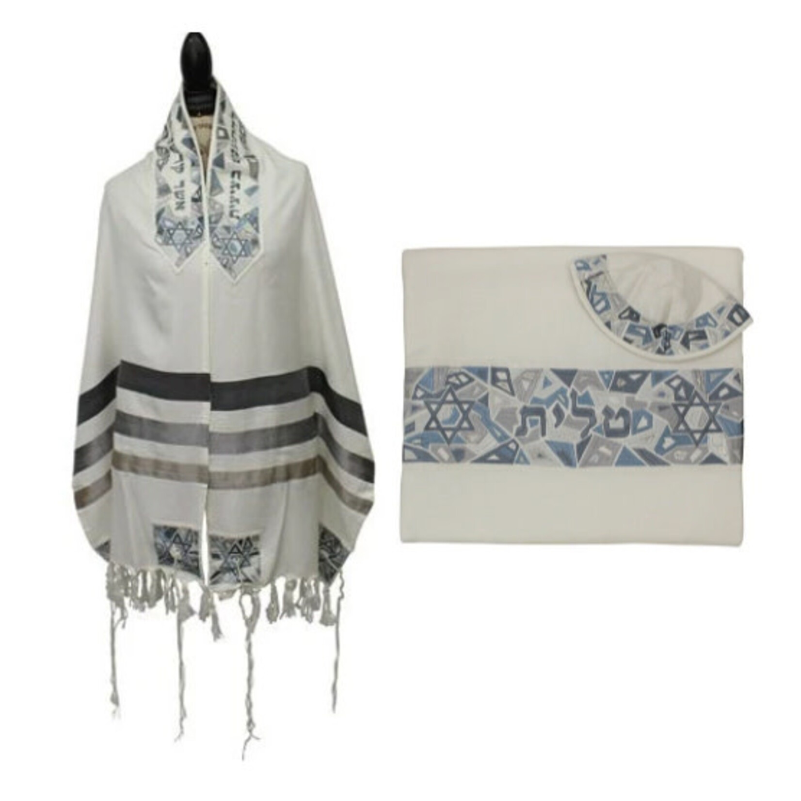 Emanuel Tallit - Cotton With Silk Embroidery. Gray Shield of (Magen) David.