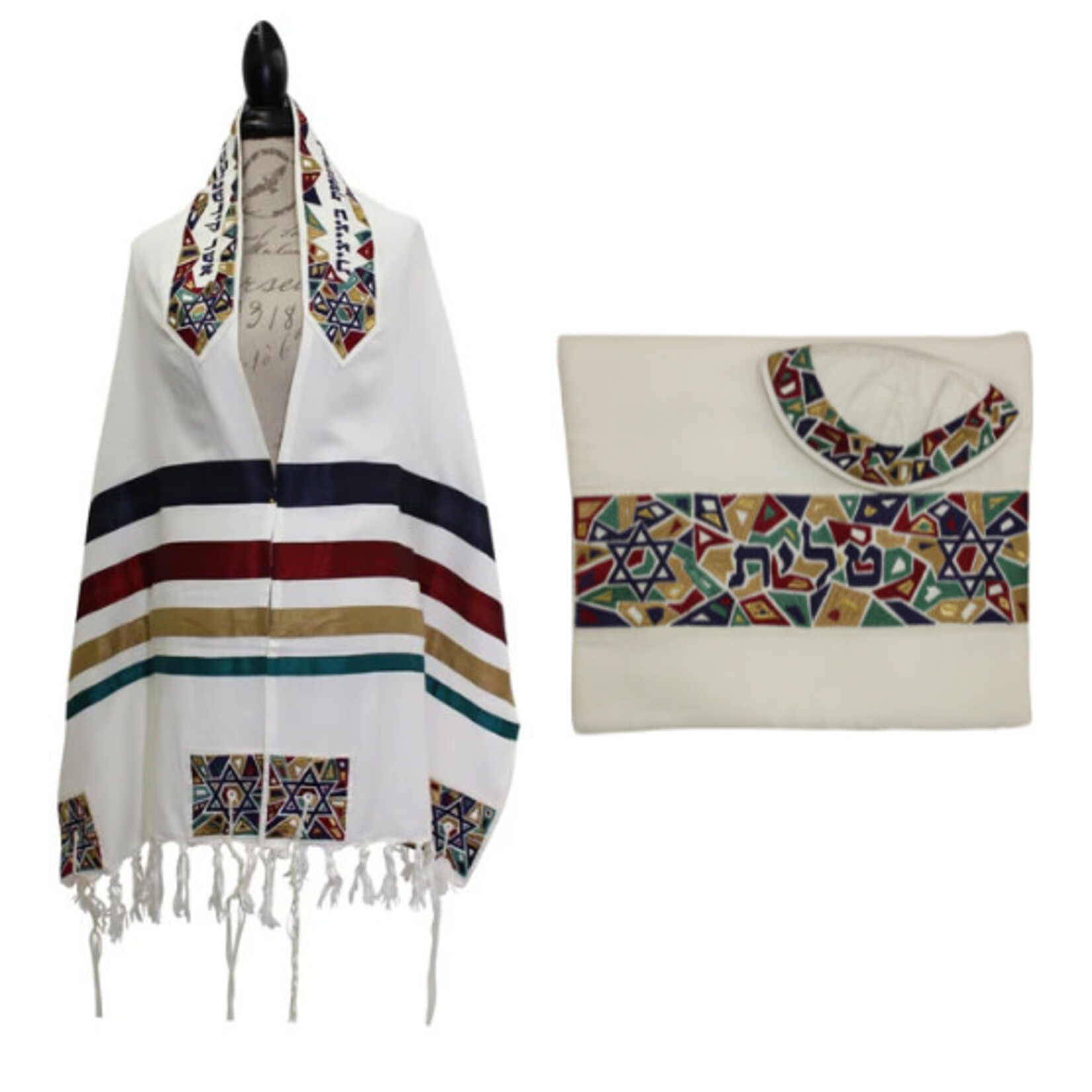 Emanuel  Tallit - Cotton With Silk Embroidery With Bag and Kippah. Multicolor Shield (Magen) David.