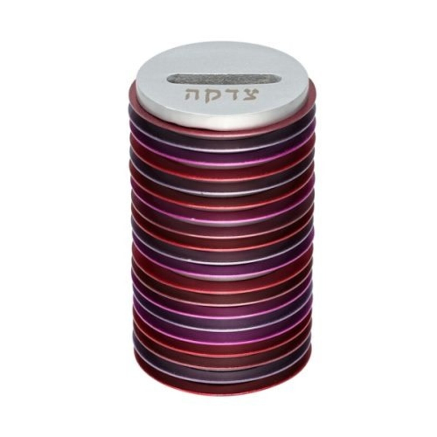 Tzedakah Box, Aluminum Disc Design, Shades of Red and Purple