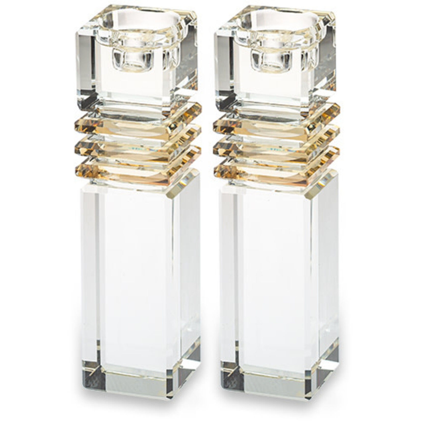 Square Crystal Shabbat Candlesticks with Gold Accents