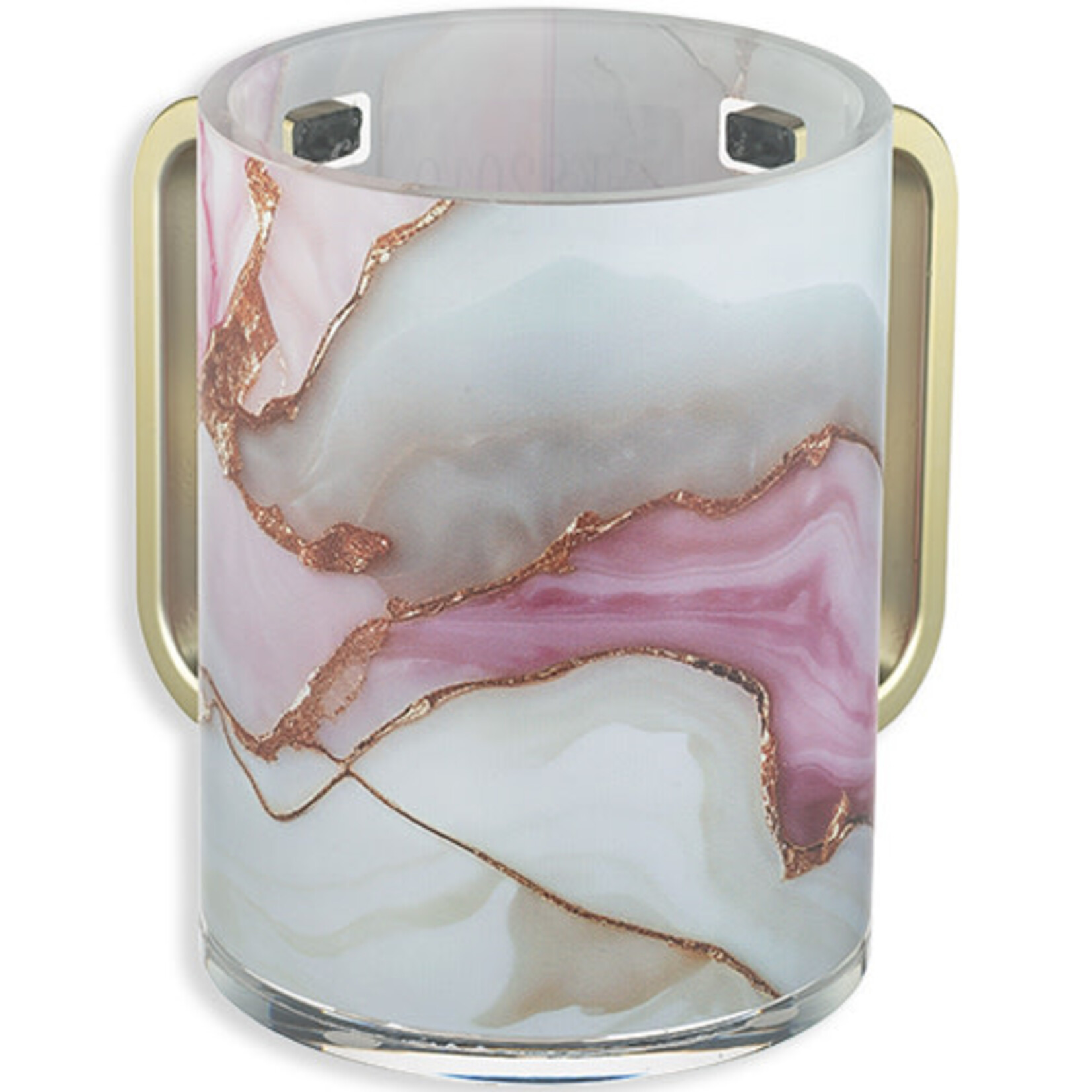 Pink and White Marble Washing Cup With Gold Handles - Lucite