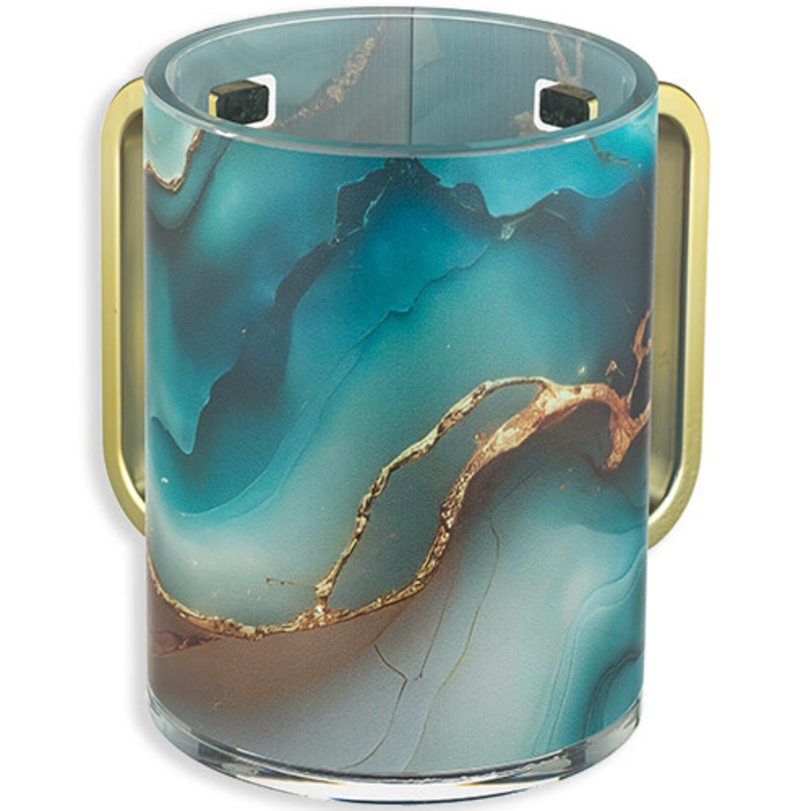 Blue Marble Washing Cup With Gold Handles - Lucite