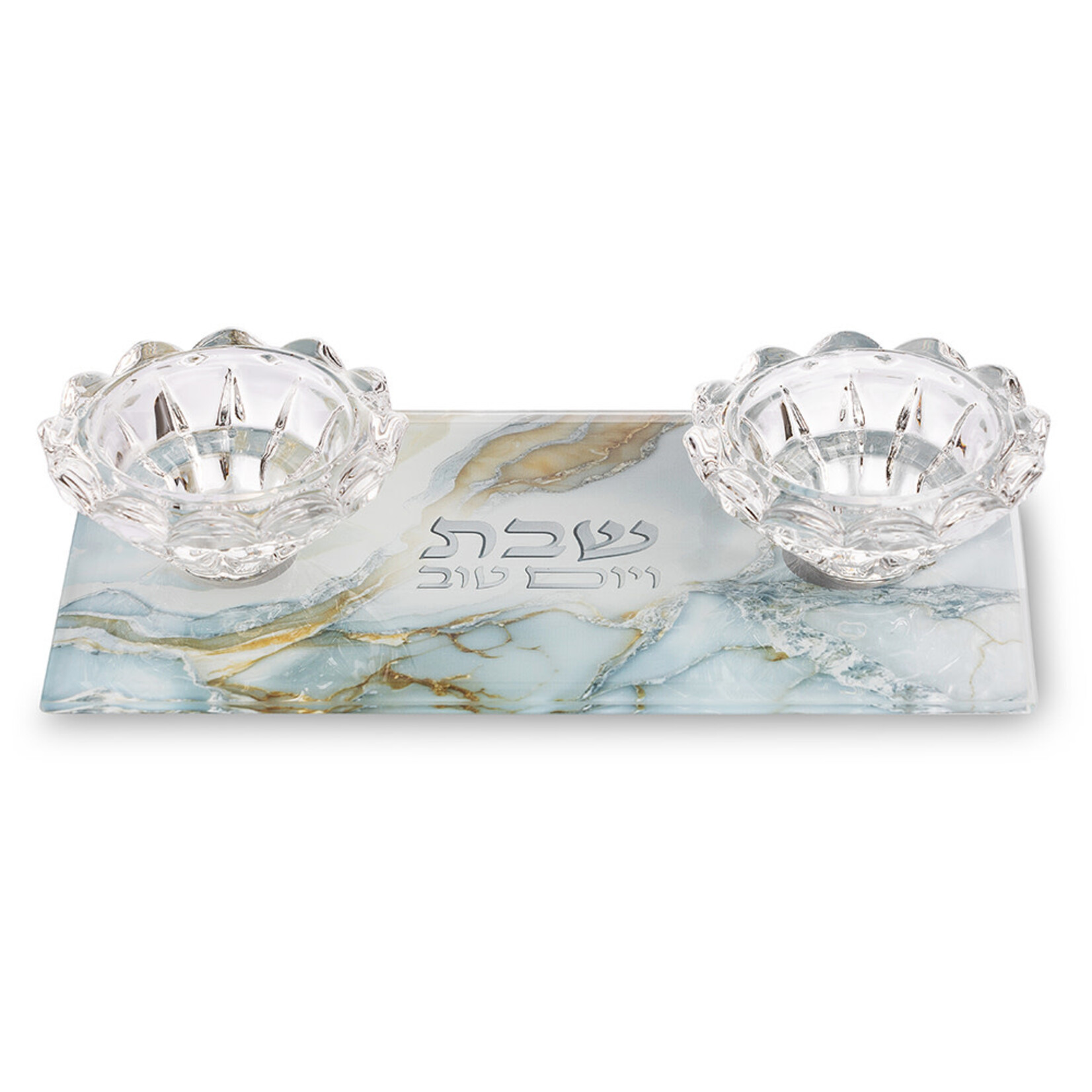 Light Blue and Gold Glass Shabbat Candlesticks on a Tray