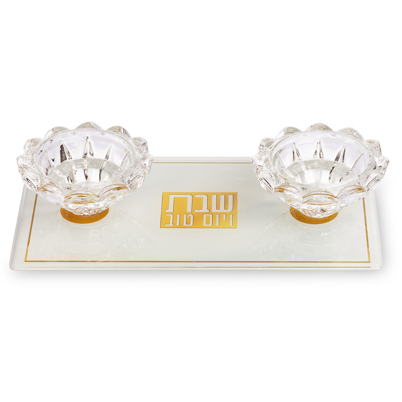White and Gold Glass Shabbat Candlesticks on a Tray