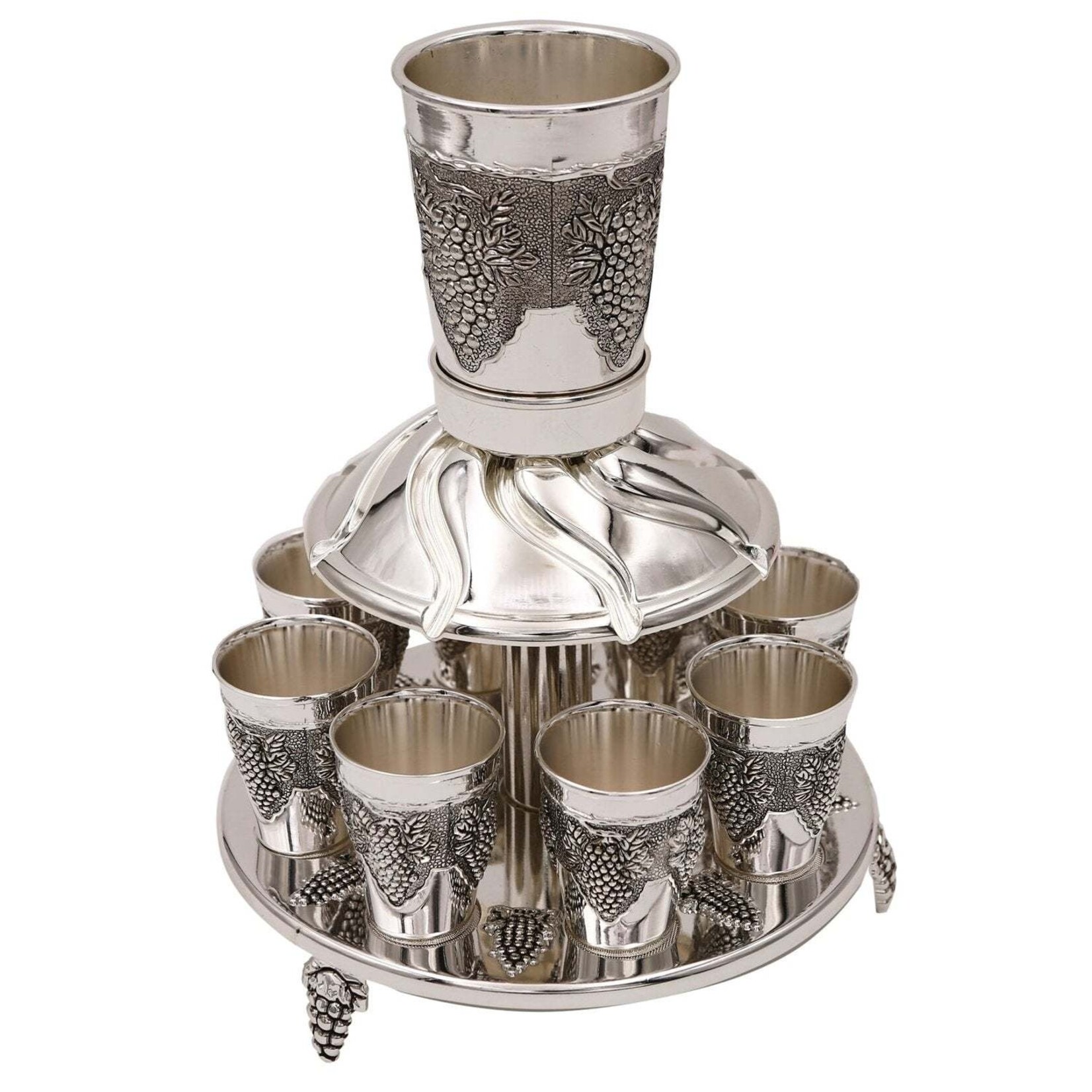 8 Cup Kiddush Fountain - Nickel - 11" H / Large Cup 3.5" / Small Cup 2"