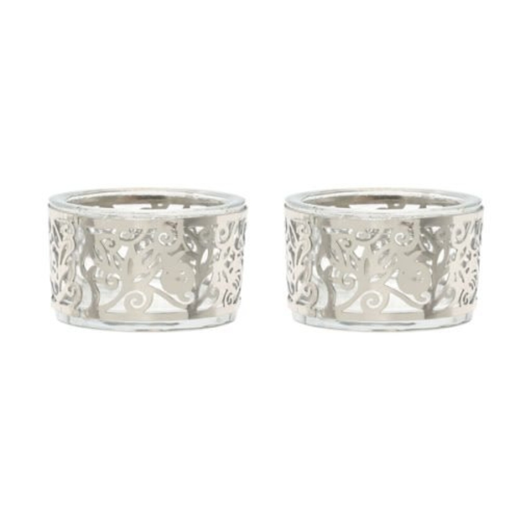 Emanuel Candlesticks - Set of Two - T-lite Holders - Glass - Metal Cutout - Pomegranates Silver