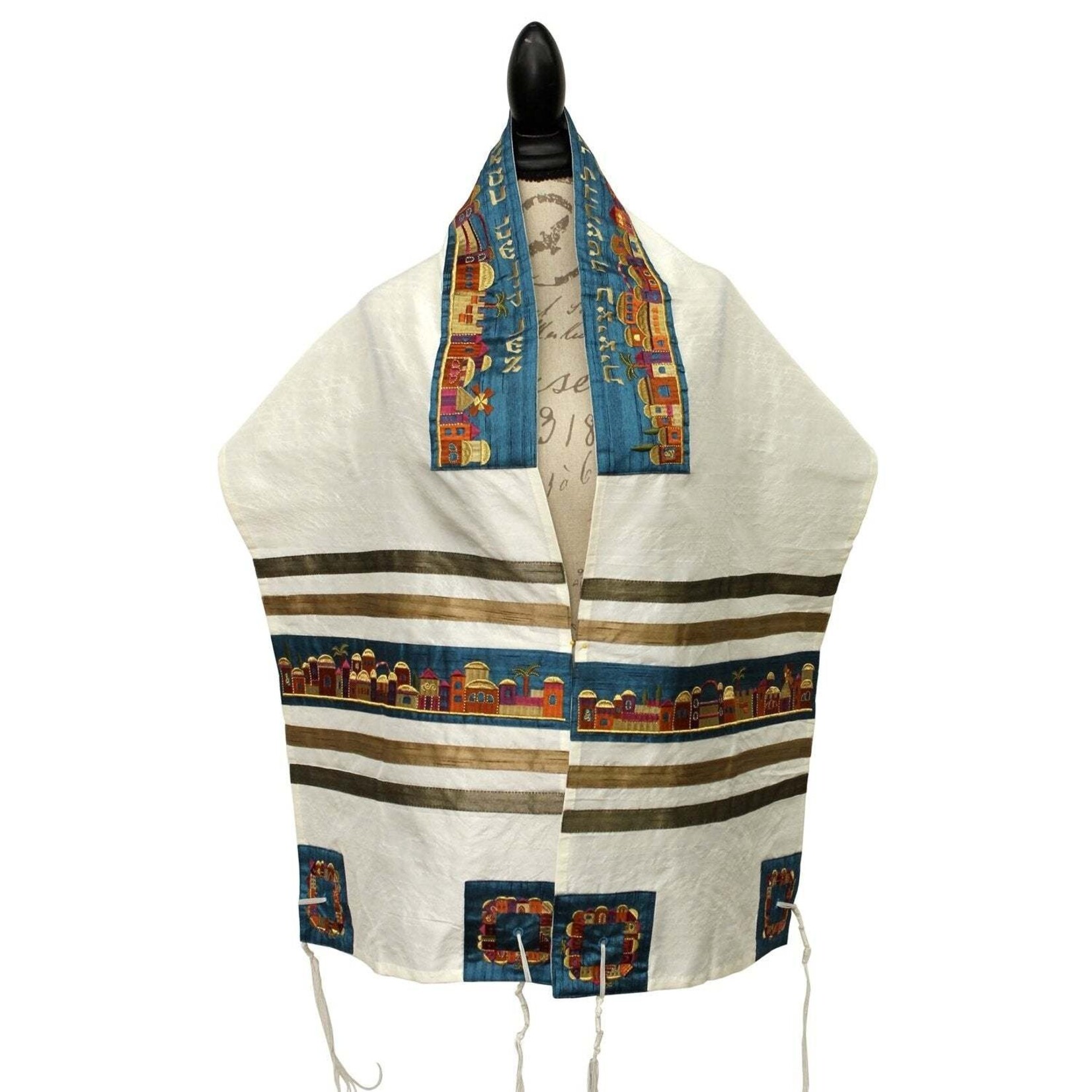 Emanuel Tallit - Cotton and Polyeseter With Silk Embroidery. Jerusalem Design