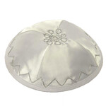 White Satin Kippah with a Silver/White Design