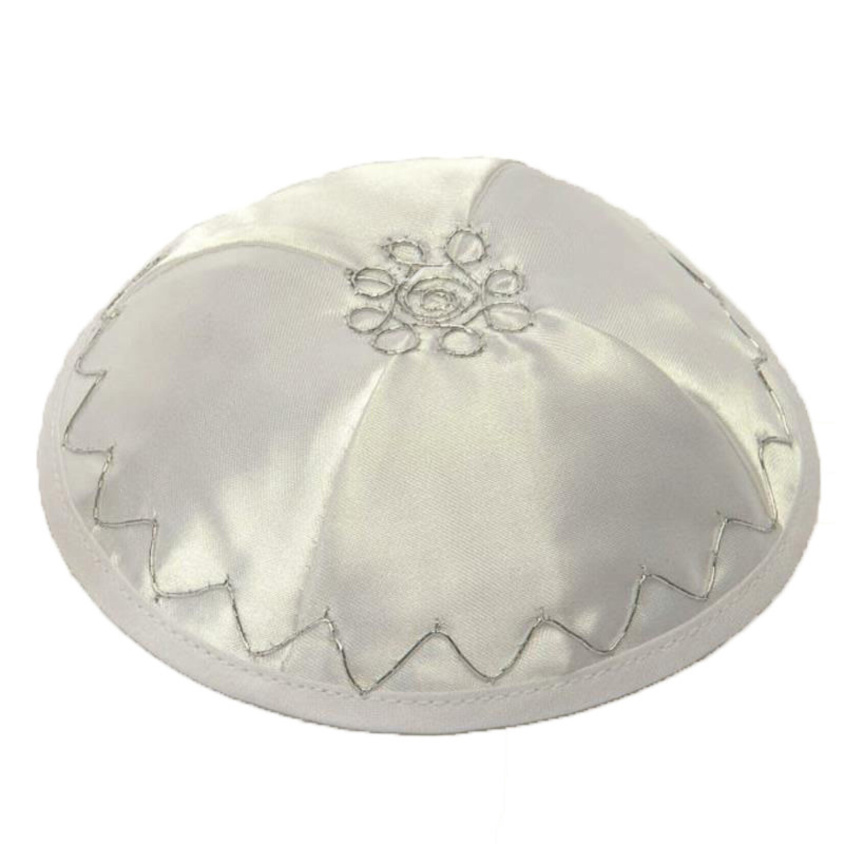 White Satin Kippah with a Silver/White Design