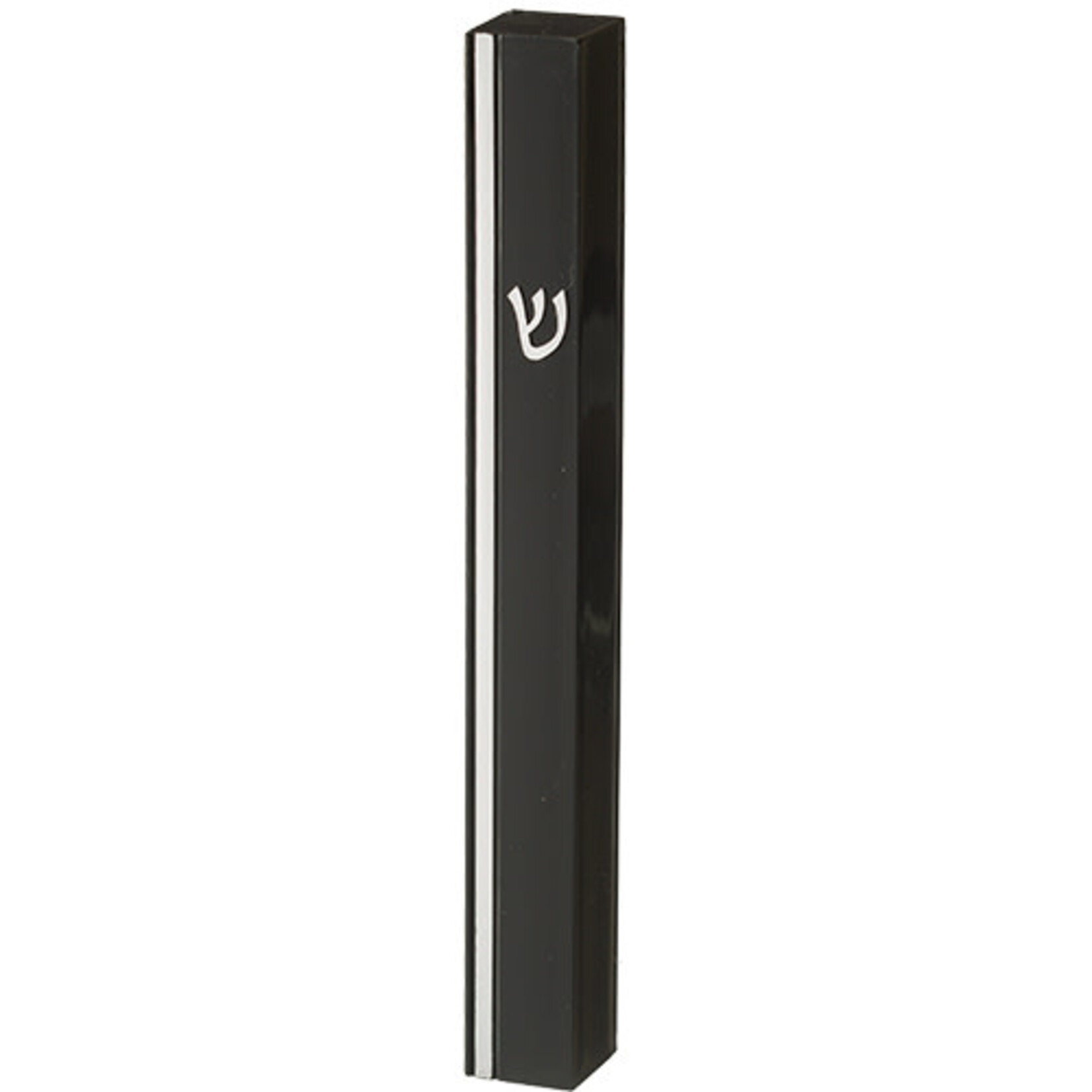 Black Plastic Mezuzah Case - Gold Shin & Stripe 12cm