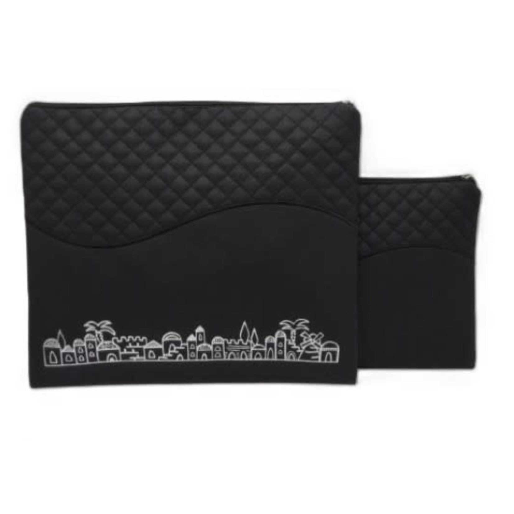 Tallit and Tefillin Cover, Black PU Jerusalem, Silver Embossed Letters