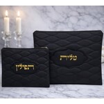 Tallit and tefillin cover, black vinyl with puffed-up gold letters.