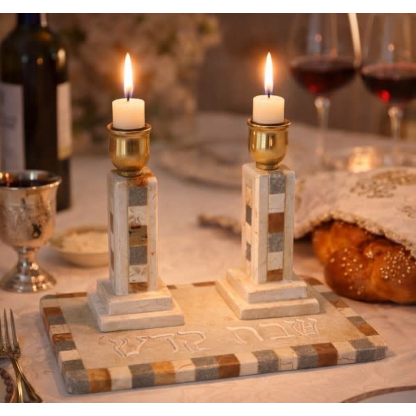 Pair of white marble candlesticks 15 cm including tray