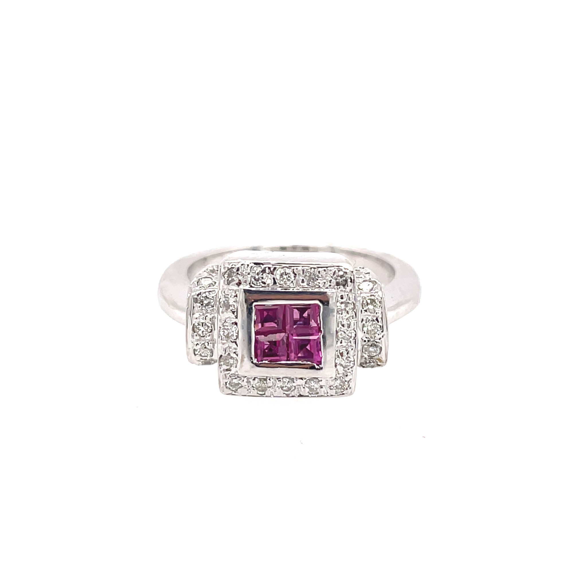 41108 14K WHITE GOLD .40TCW DIAMOND AND .40TCW PINK SAPPHIRE PRINCESS CUT INVISIBLE SET CENTER RING