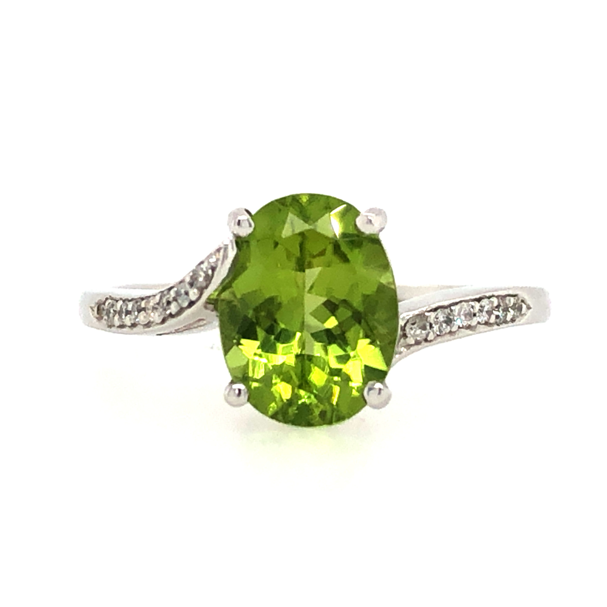 40765 14K WHITE GOLD OVAL PERIDOT WAVED .12TCW DIAMOND SHANK RING