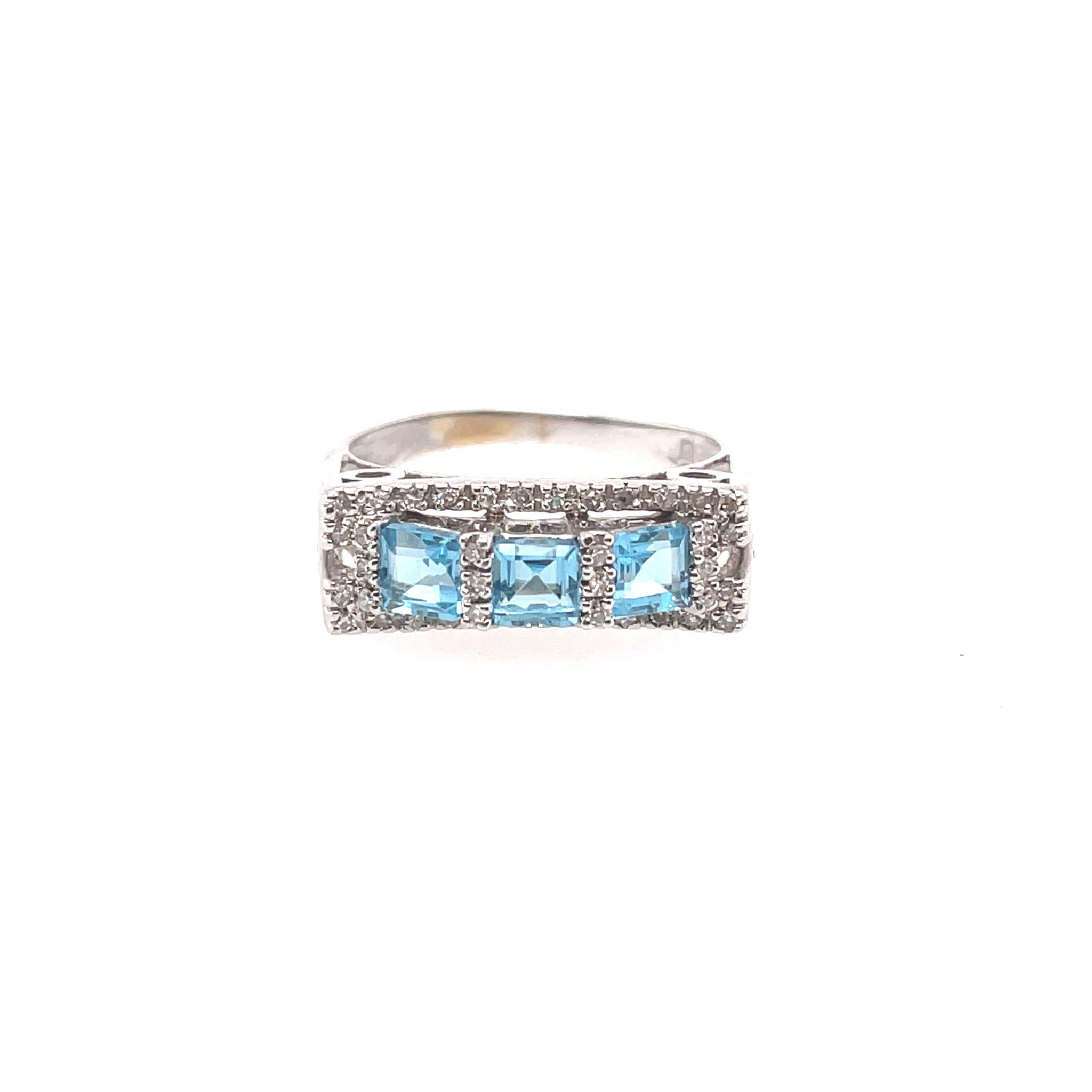 40327 14K WHITE GOLD TRIO BLUE TOPAZ PRINCESS CUT CENTER AND DIAMOND RING