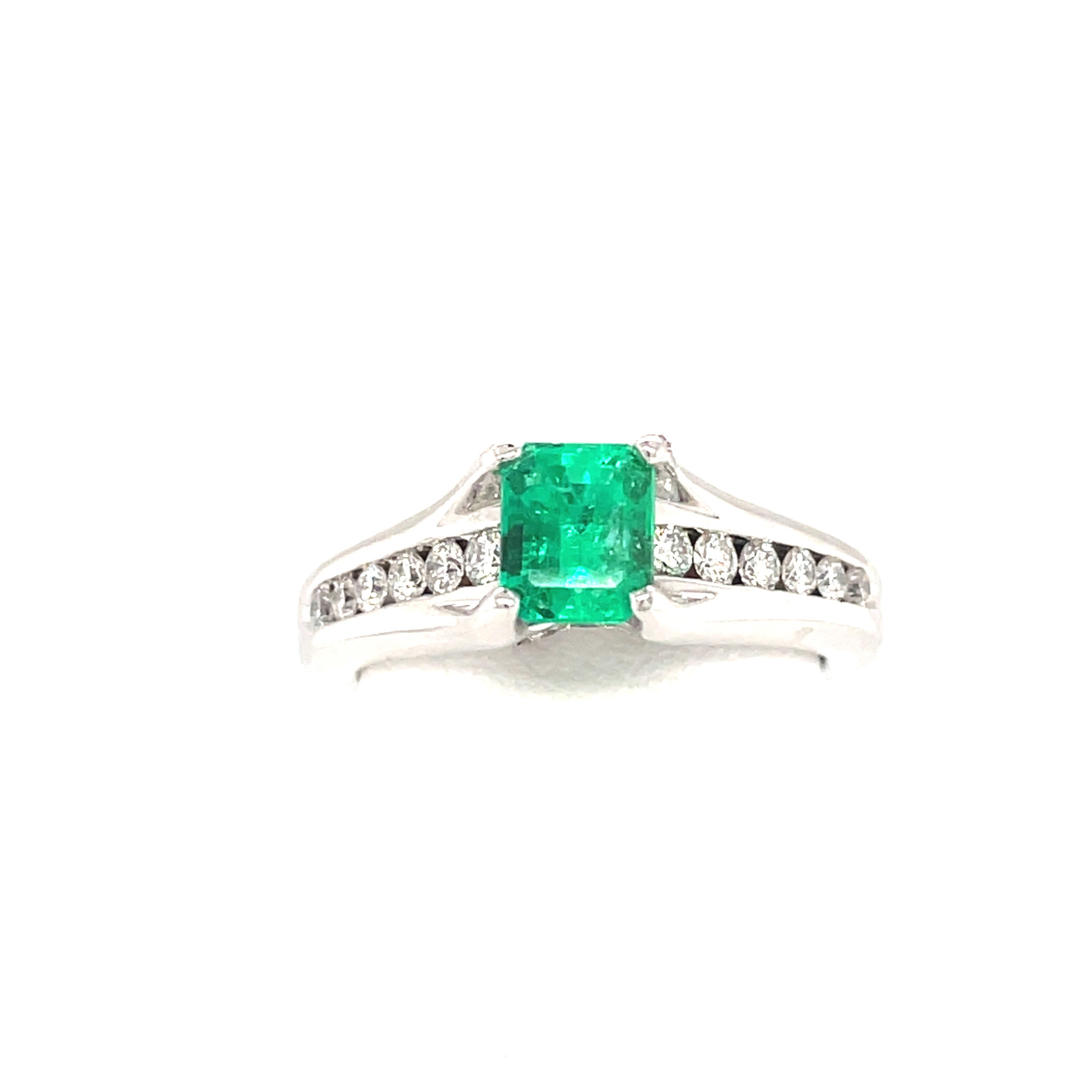 475066 14K WHITE GOLD .75TCW EMERALD PRINCESS CUT CENTER DIAMOND CHANNEL SET RING