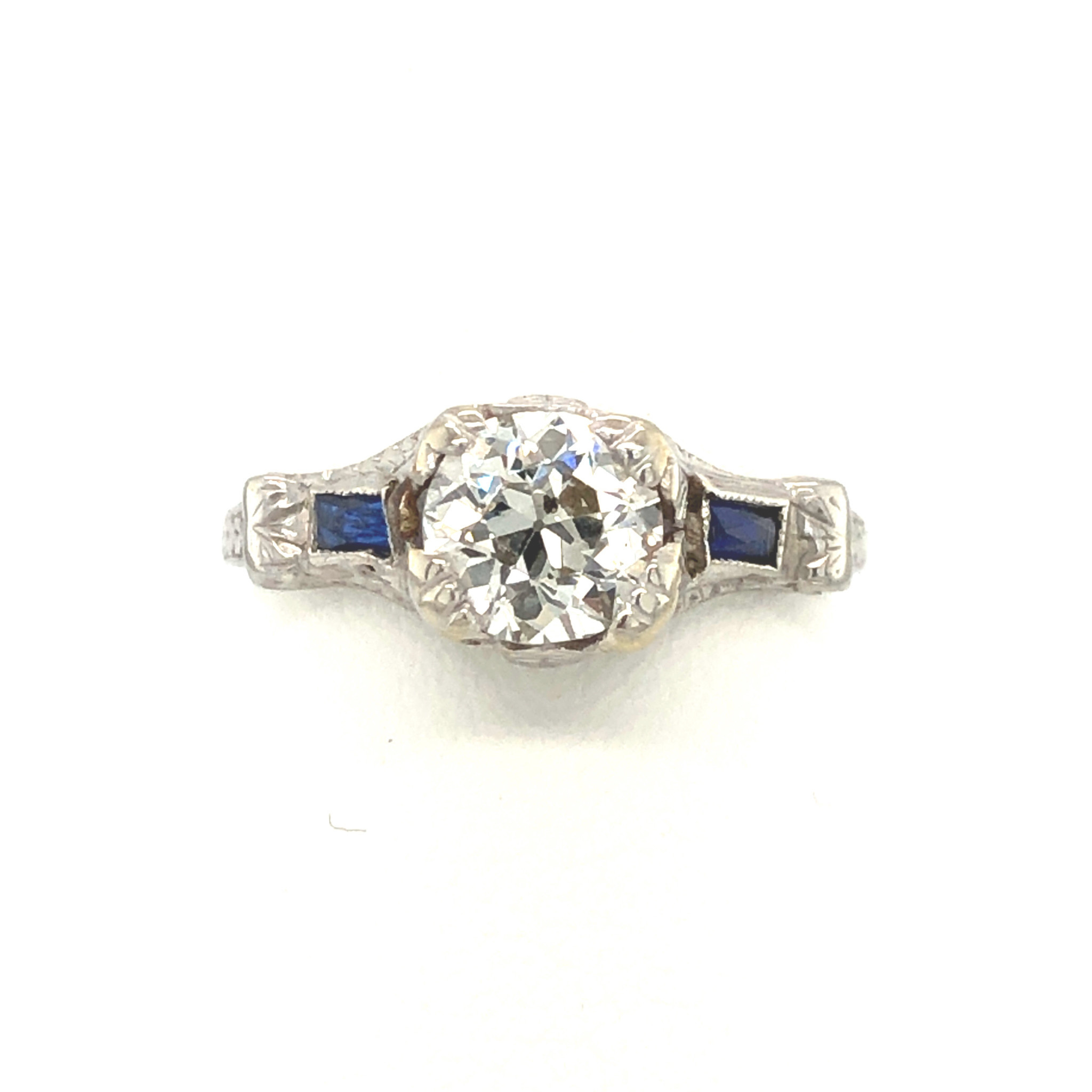 475630 14K WHITE GOLD .76TCW ROUND DIAMOND EUROPEAN CUT AND BAGUETTE BLUE SAPPHIRES ANTIQUE ENGAGEMENT RING