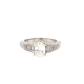 475383 14K WHITE GOLD 1.28TCW  .80CT CENTER H I1 OVAL BAGUETTE AND ROUND MILGRAIN DESIGN ENGAGEMENT RING