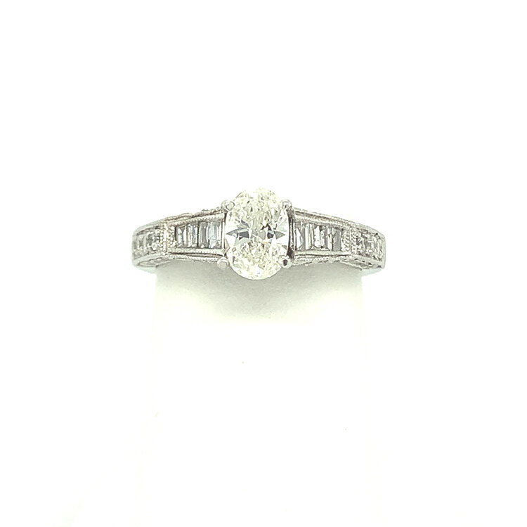 475383 14K WHITE GOLD 1.28TCW  .80CT CENTER H I1 OVAL BAGUETTE AND ROUND MILGRAIN DESIGN ENGAGEMENT RING