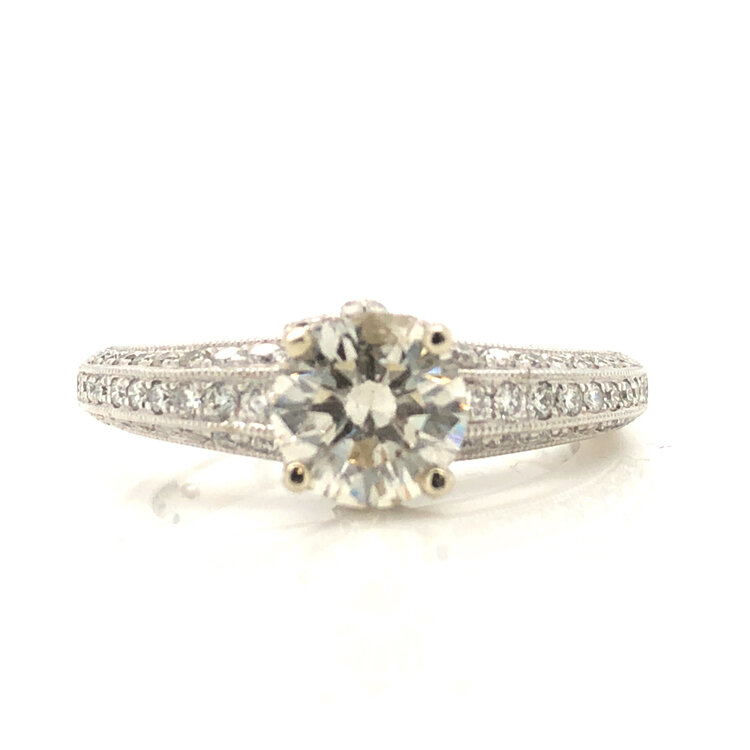 475018 14K WHITE GOLD 1.07CT K SI3 ROUND THREE ROW PAVET SHANK ENGAGEMENT RING