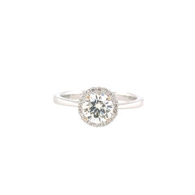477684 18K WHITE GOLD .79TCW K VS1 ROUND CENTER HALO SOLITAIRE ENGAGEMENT RING