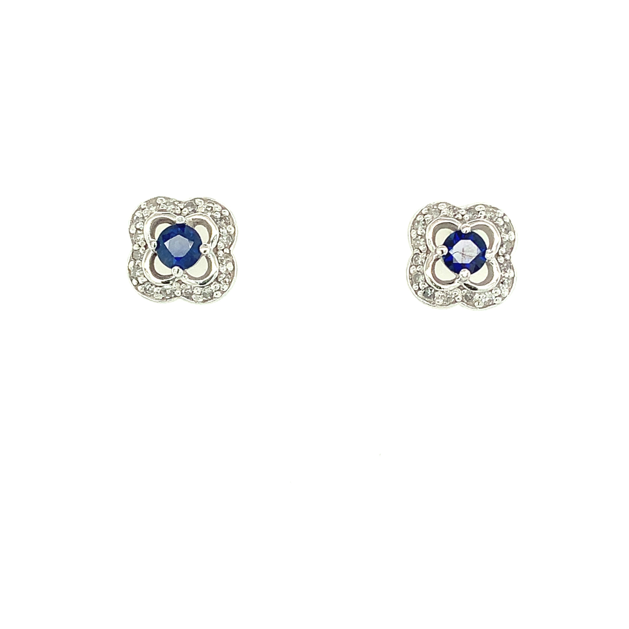 30205 14K WHITE GOLD DIAMOND AND BLUE SAPPHIRE FLOWER EARRINGS