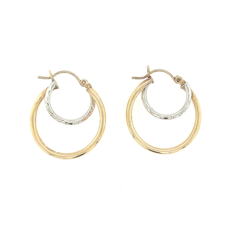 30094 14K 2 TONE DOUBLE HOOP WITH HIGH POLISH AND DIAMOND CUT HOOPS