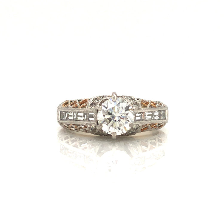 475048 18K 2 TONE  .91TCW H SI1 ROUND CENTER DIAMOND WITH BAGUETTE CHANNEL SET SIDES ENGAGEMENT RING