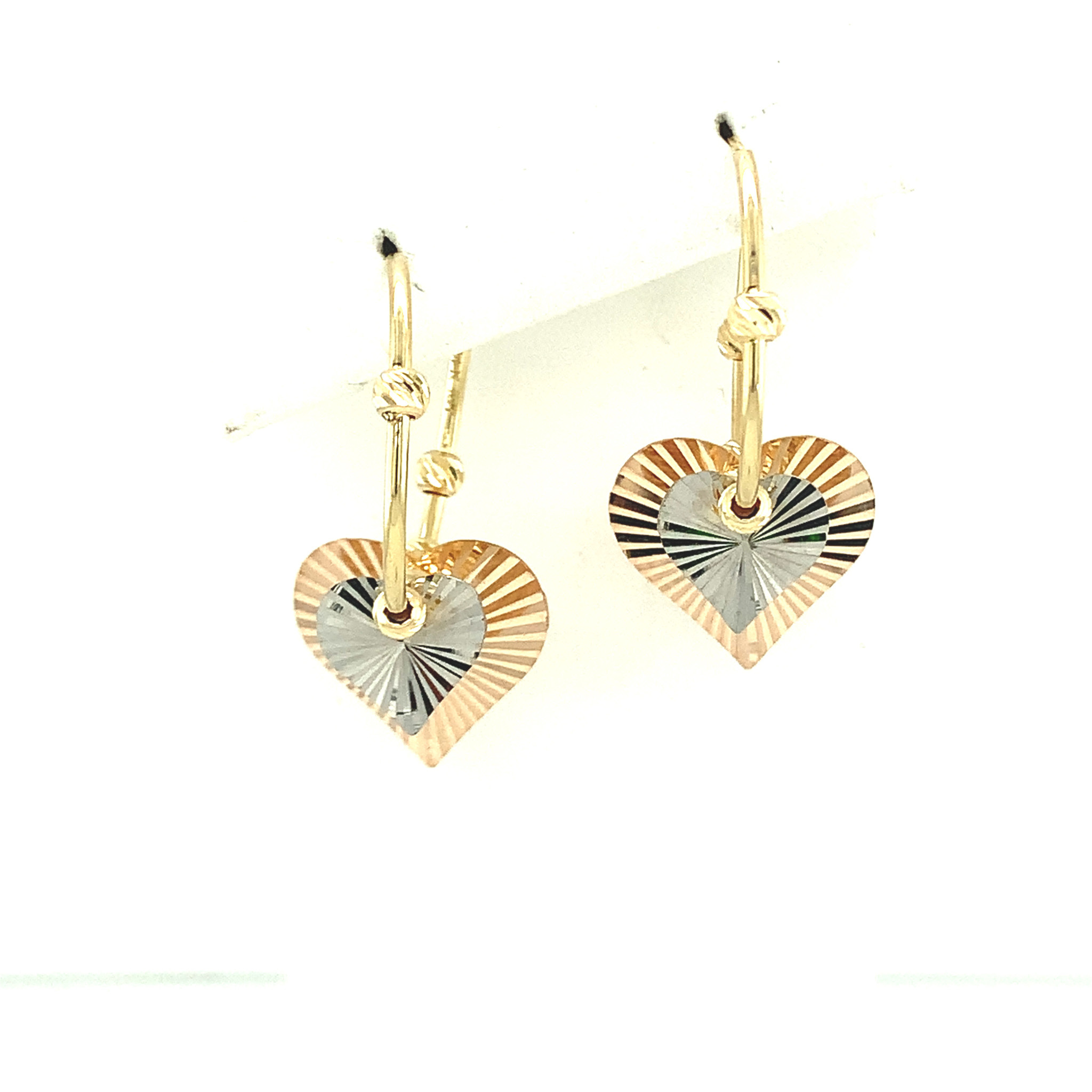 30003 14K TRI COLOR LASER CUT DOUBLE HEART LEVER BACK EARRINGS