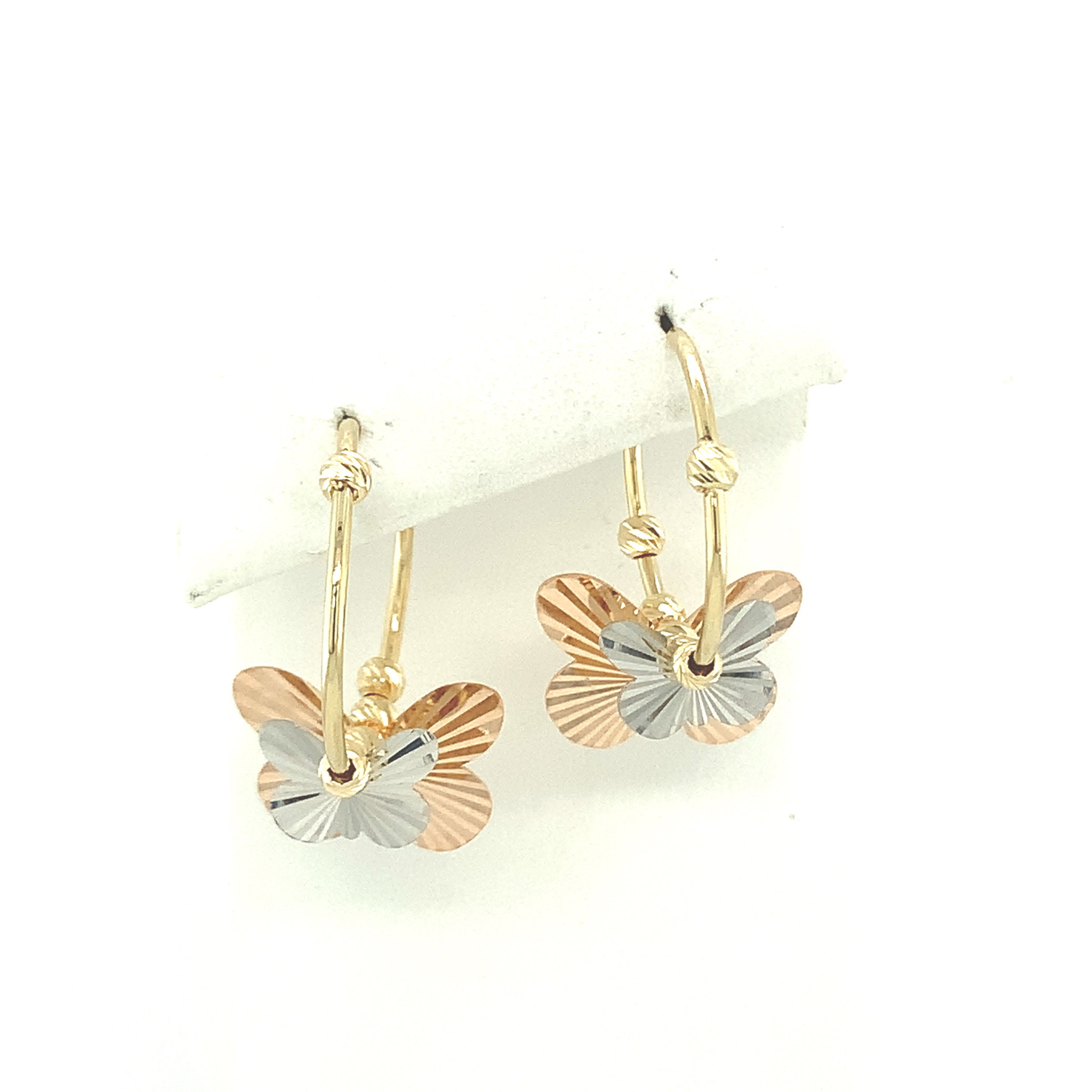 30004 14K TRI COLOR LASER CUT DOUBLE BUTTERFLY LEVER BACK EARRINGS