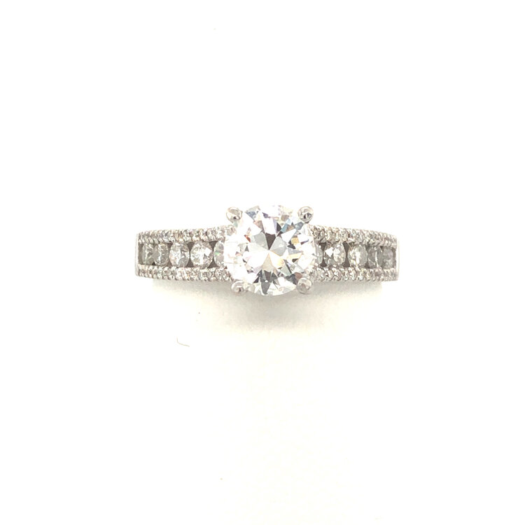 475317 14K WHITE GOLD .79TCW G VS2 ROUND CENTER DIAMOND MICRO PAVE CHANNEL SET ENGAGEMENT RING