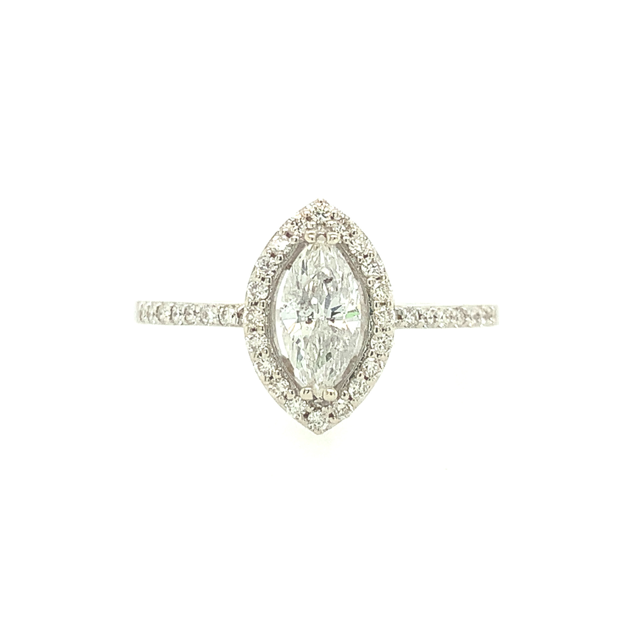 475042 14K WHITE GOLD .55CT H I1 MARQUISE .21TCW HALO ENGAGEMENT RING