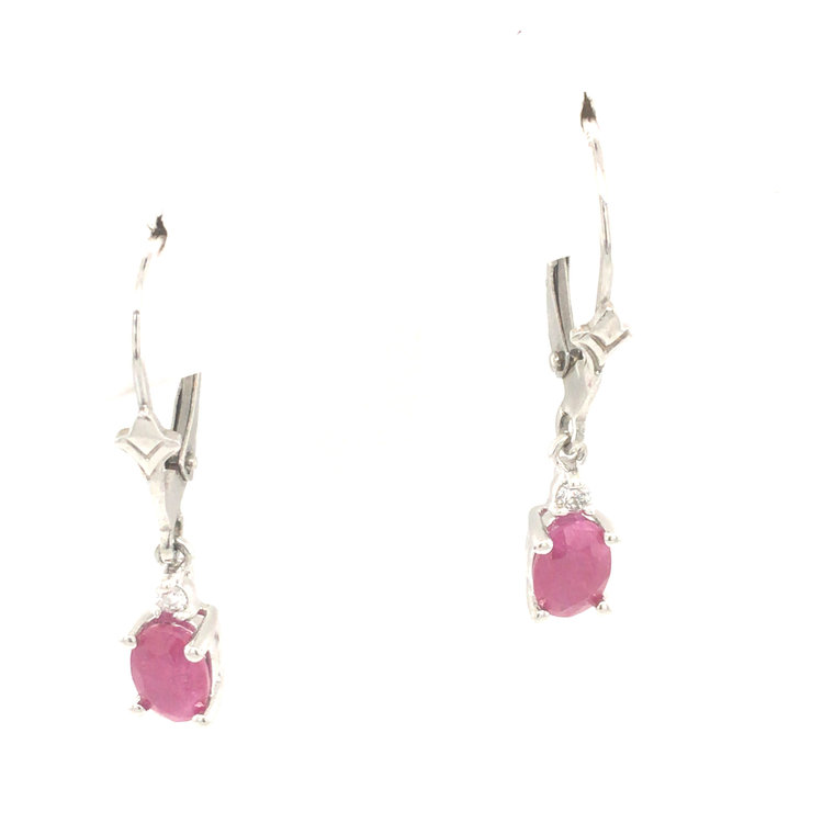 30075 14K WHITE GOLD OVAL RUBY AND DIAMOND LEVER BACK EARRINGS