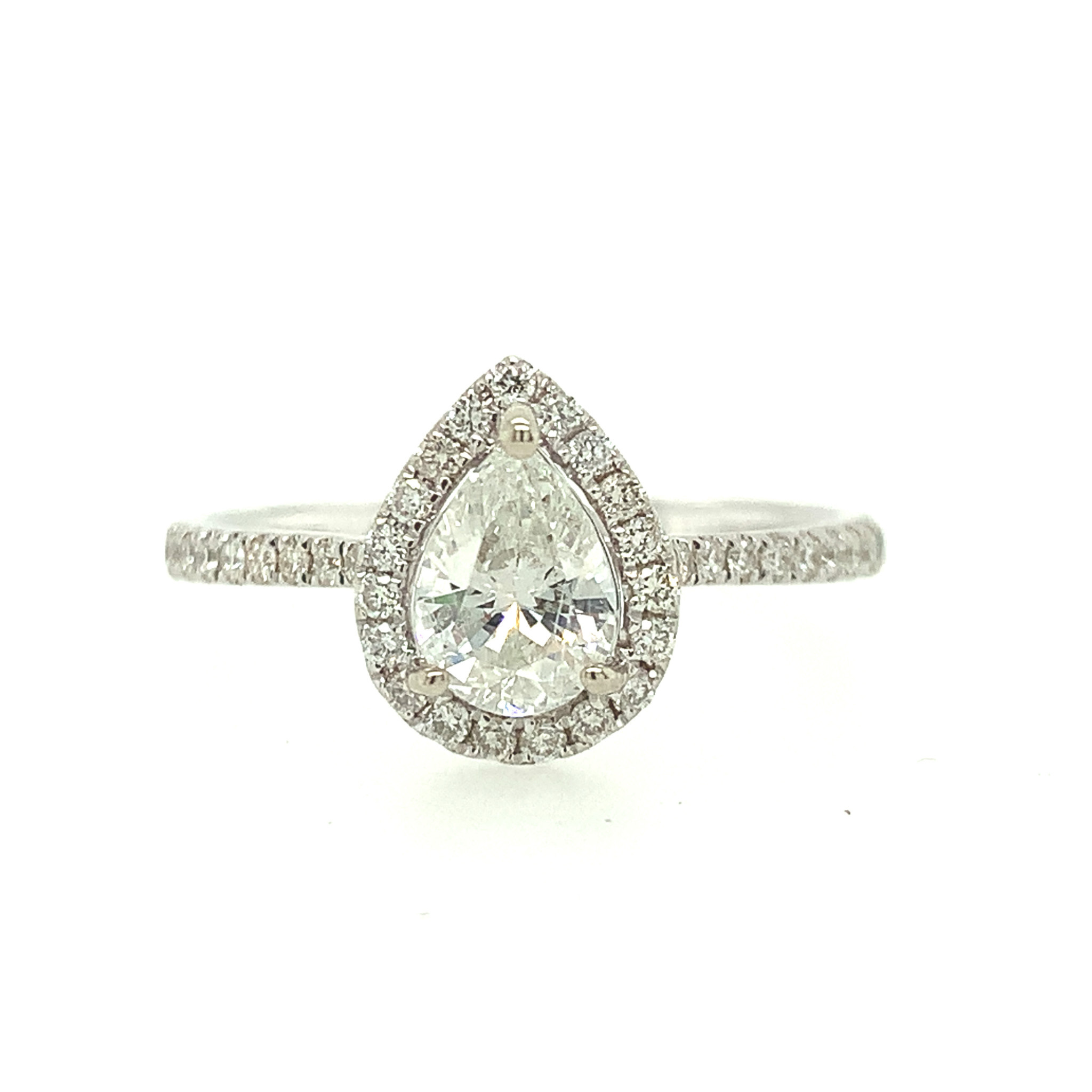 475046 14K WHITE GOLD .55TCW H SI2 PEAR SHAPE CENTER .22TCW HALO ENGAGEMENT RING