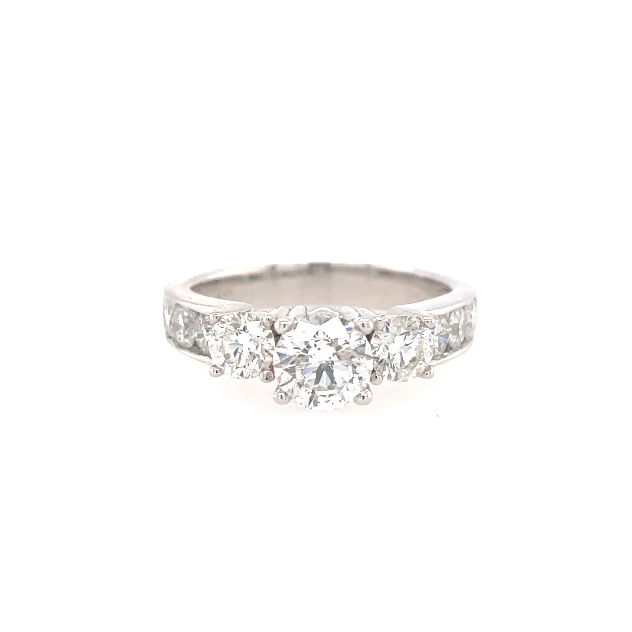 477982 14K WHITE GOLD 1.50 CT H SI2 ROUND DIAMOND CENTER PAST PRESENT FUTURE DESIGN WITH CHANNEL SET ENGAGEMENT RING